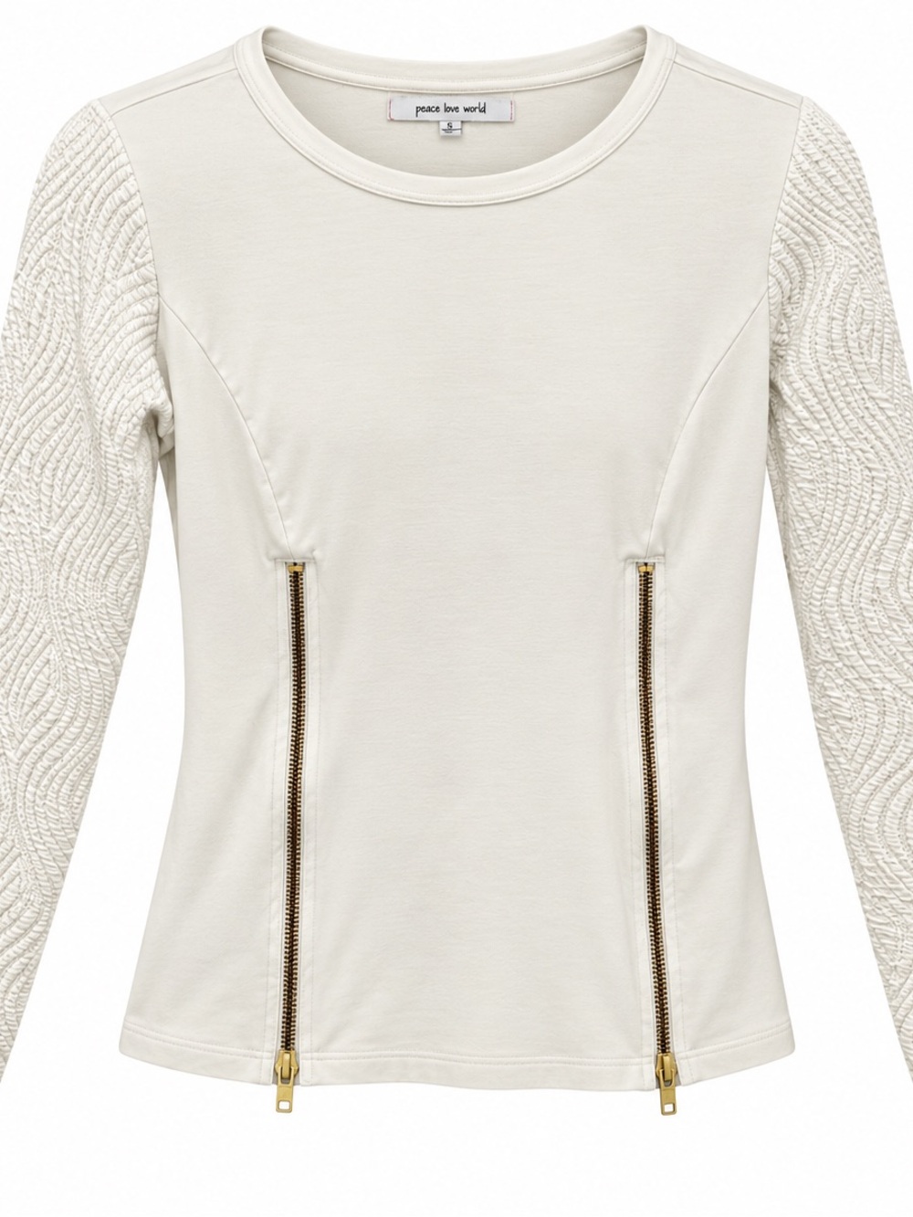 Peace Love World Cream Zip-Accent Knit-Sleeve Top